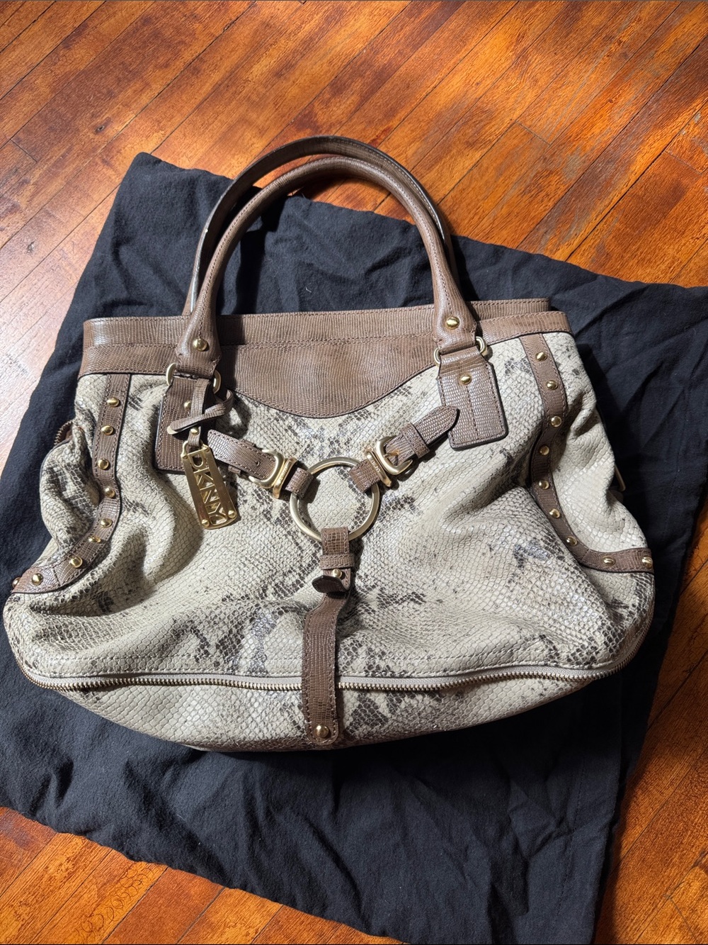 DKNY Taupe Snake-Print Shoulder Tote with Brown Trim
